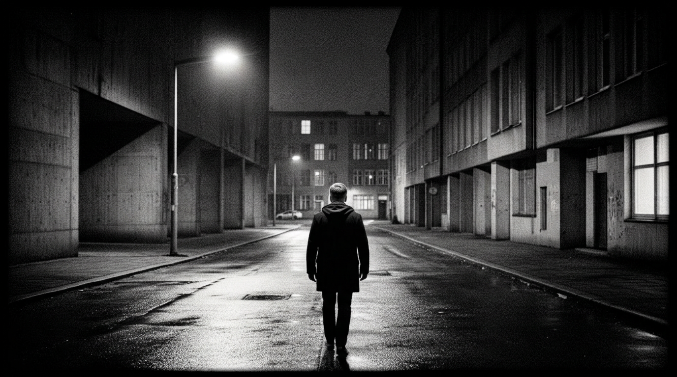 Hooded figure walking a wet street at night